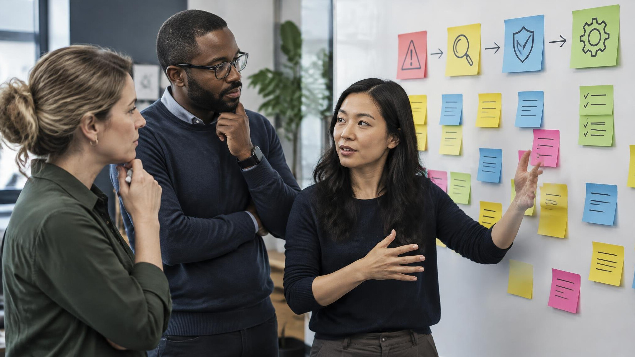 Team planning with sticky notes on a wall