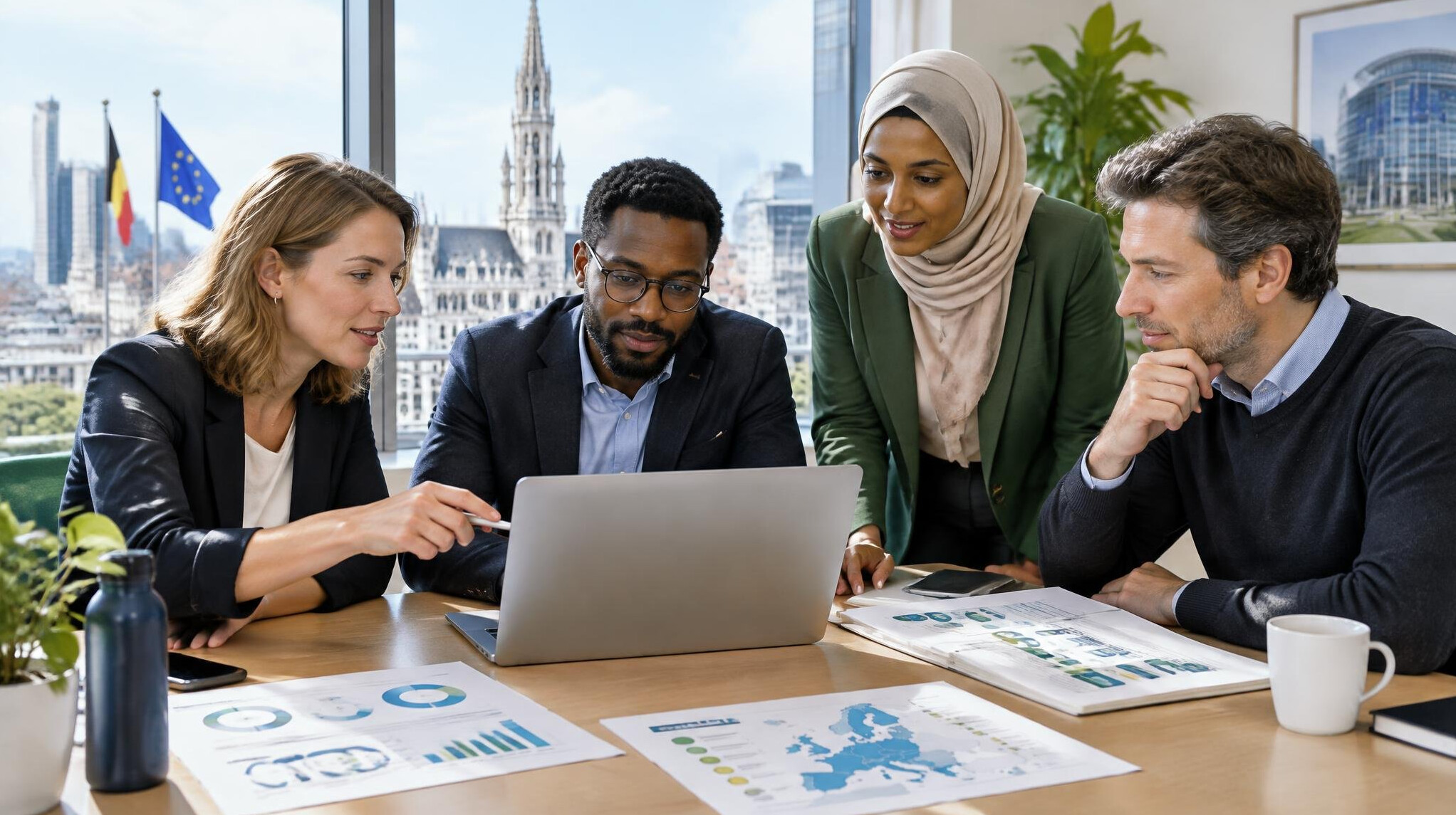 Team of colleagues gathered around a laptop in a bright meeting room