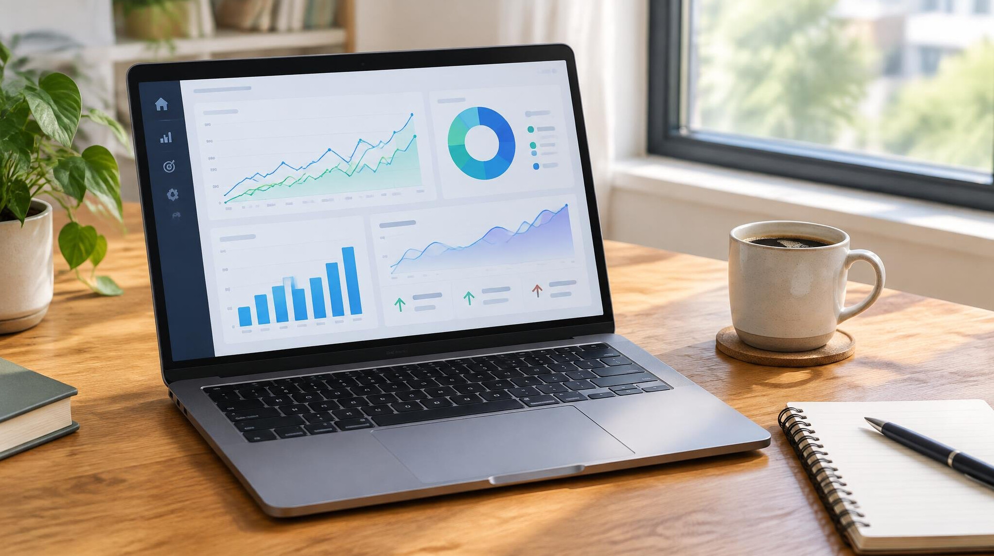 Laptop with analytics charts on a desk