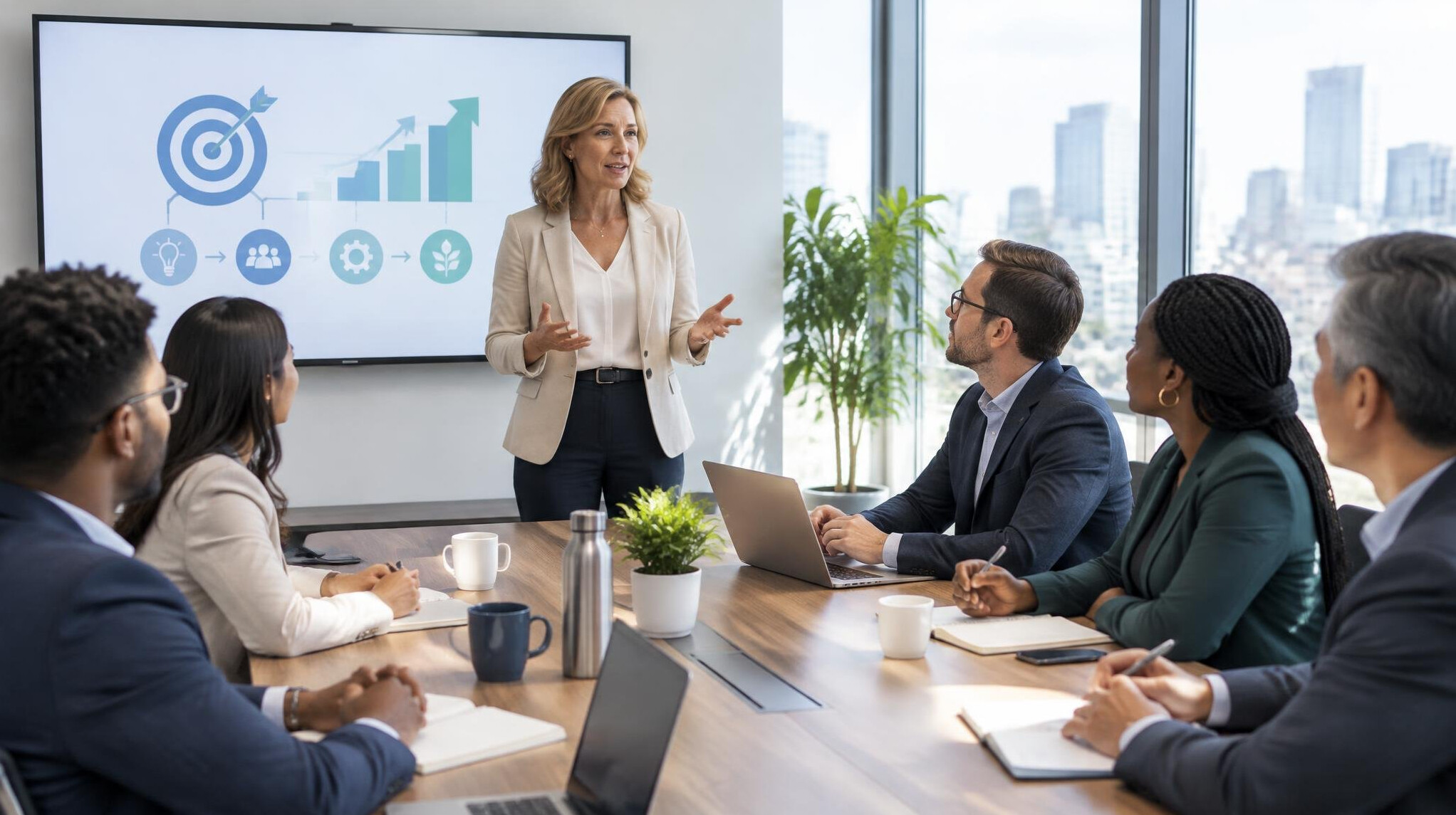 Conference room with attendees listening to a presenter