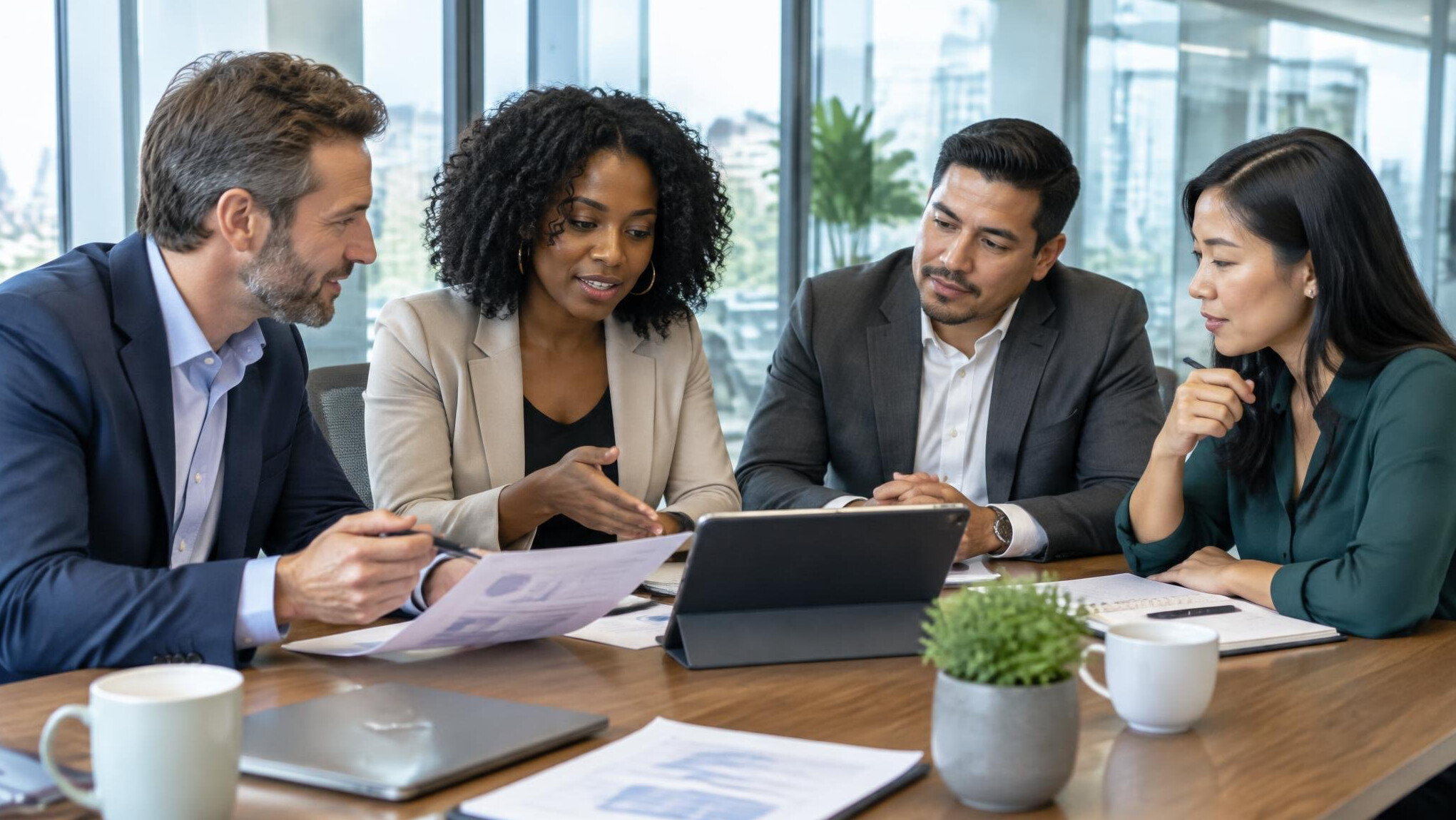 Business meeting with professionals discussing at a table