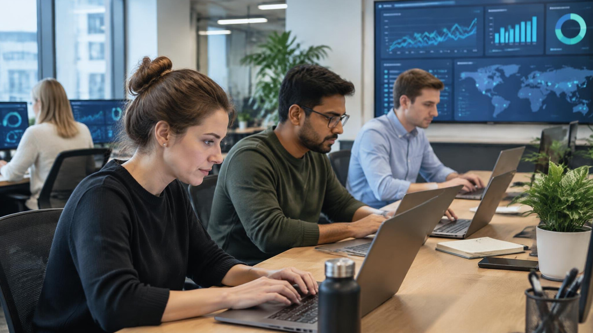 Colleagues working at laptops in a modern office